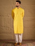 Men Yellow Viscose Rayon Solid Embroidered Straight Kurta-MKU1212