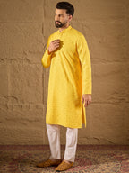 Men Yellow Viscose Rayon Solid Embroidered Straight Kurta-MKU1212