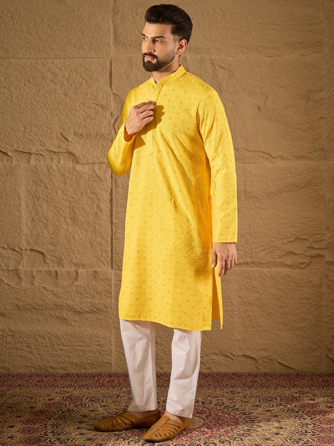 Men Yellow Viscose Rayon Solid Embroidered Straight Kurta-MKU1212