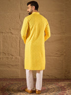 Men Yellow Viscose Rayon Solid Embroidered Straight Kurta-MKU1212