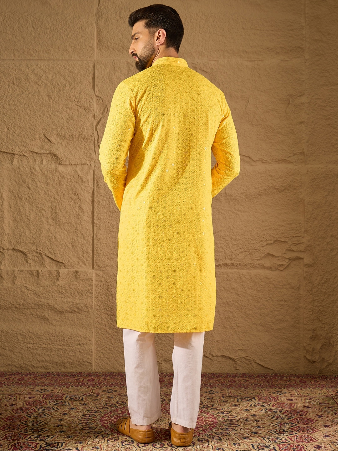 Men Yellow Viscose Rayon Solid Embroidered Straight Kurta-MKU1212