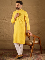 Men Yellow Viscose Rayon Solid Embroidered Straight Kurta-MKU1212