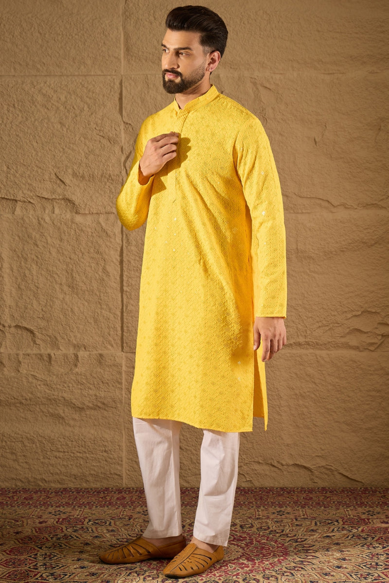 Yellow Viscose Rayon Solid Embroidered Straight Kurta HOPMKU1212