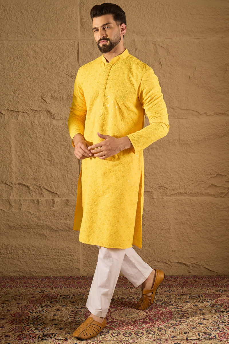 Yellow Viscose Rayon Solid Embroidered Straight Kurta HOPMKU1212