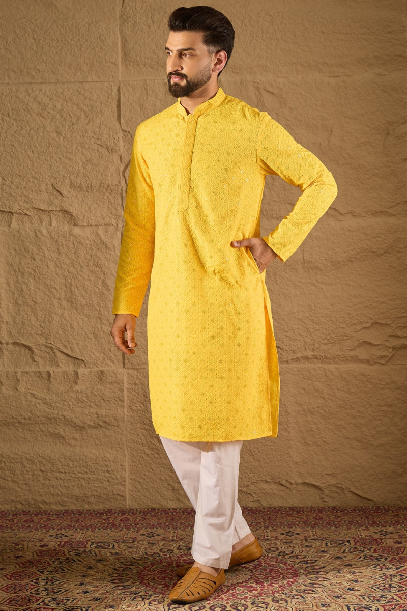 Yellow Viscose Rayon Solid Embroidered Straight Kurta HOPMKU1212