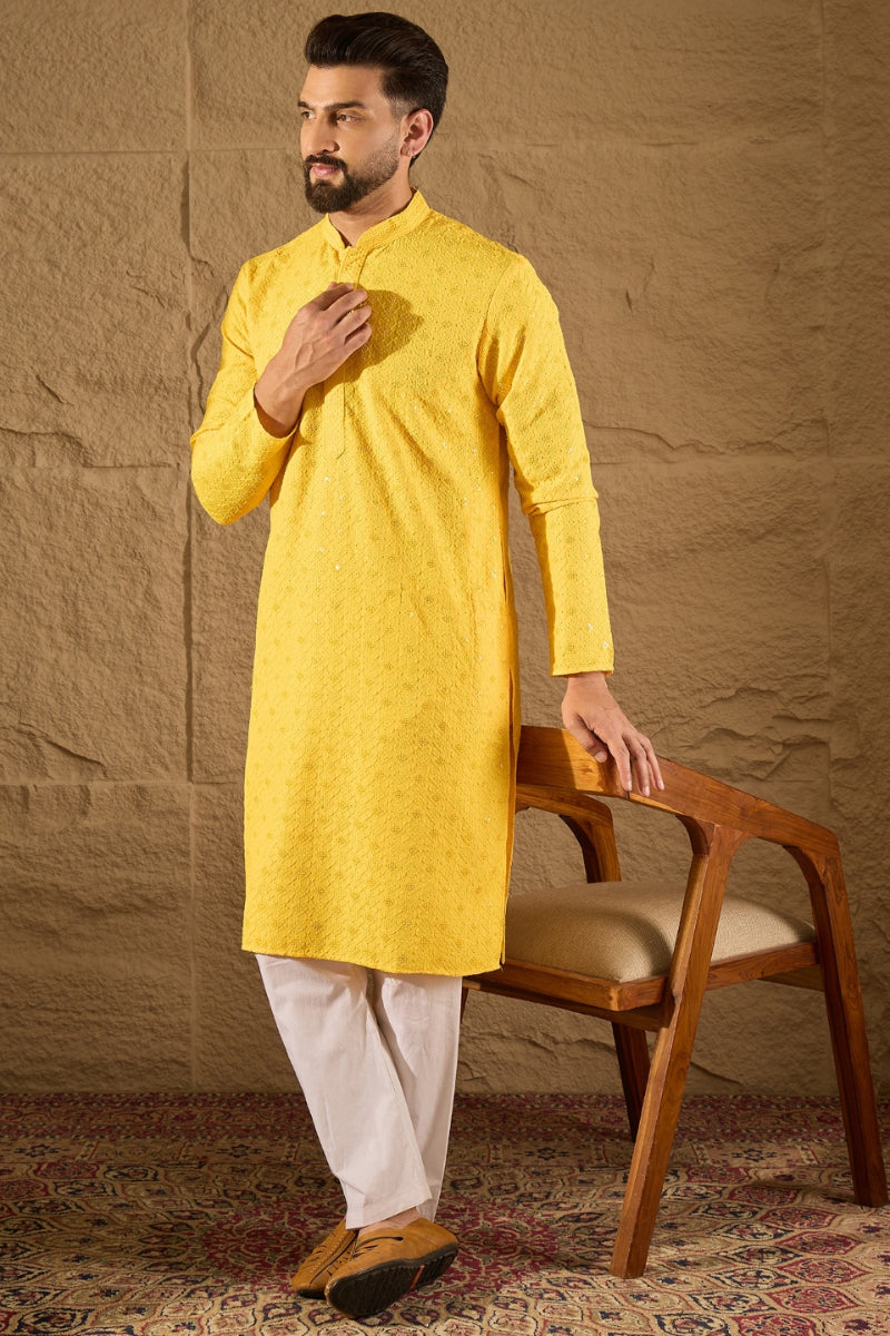 Yellow Viscose Rayon Solid Embroidered Straight Kurta HOPMKU1212