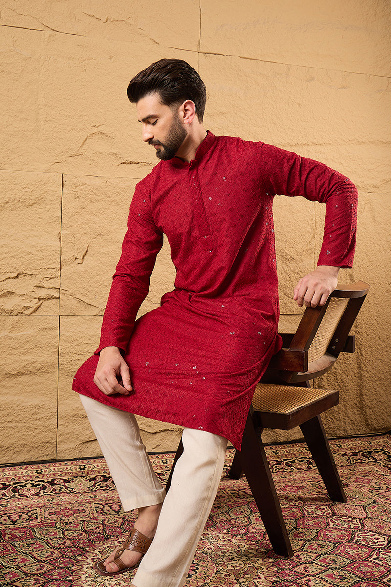Maroon Rayon Embroidered Indian Wear for Men | DesiQlo India