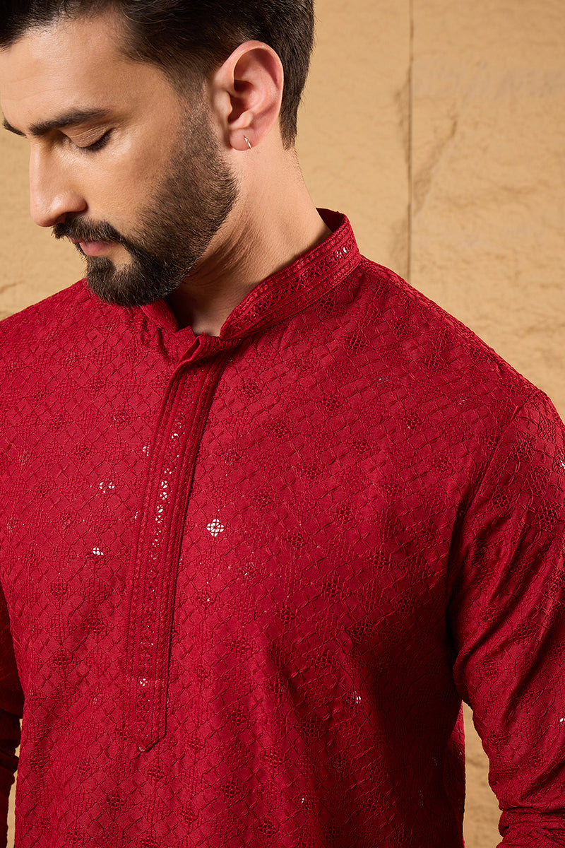 Maroon Rayon Blend Solid Embroidered Straight Kurta HOPMKU1213