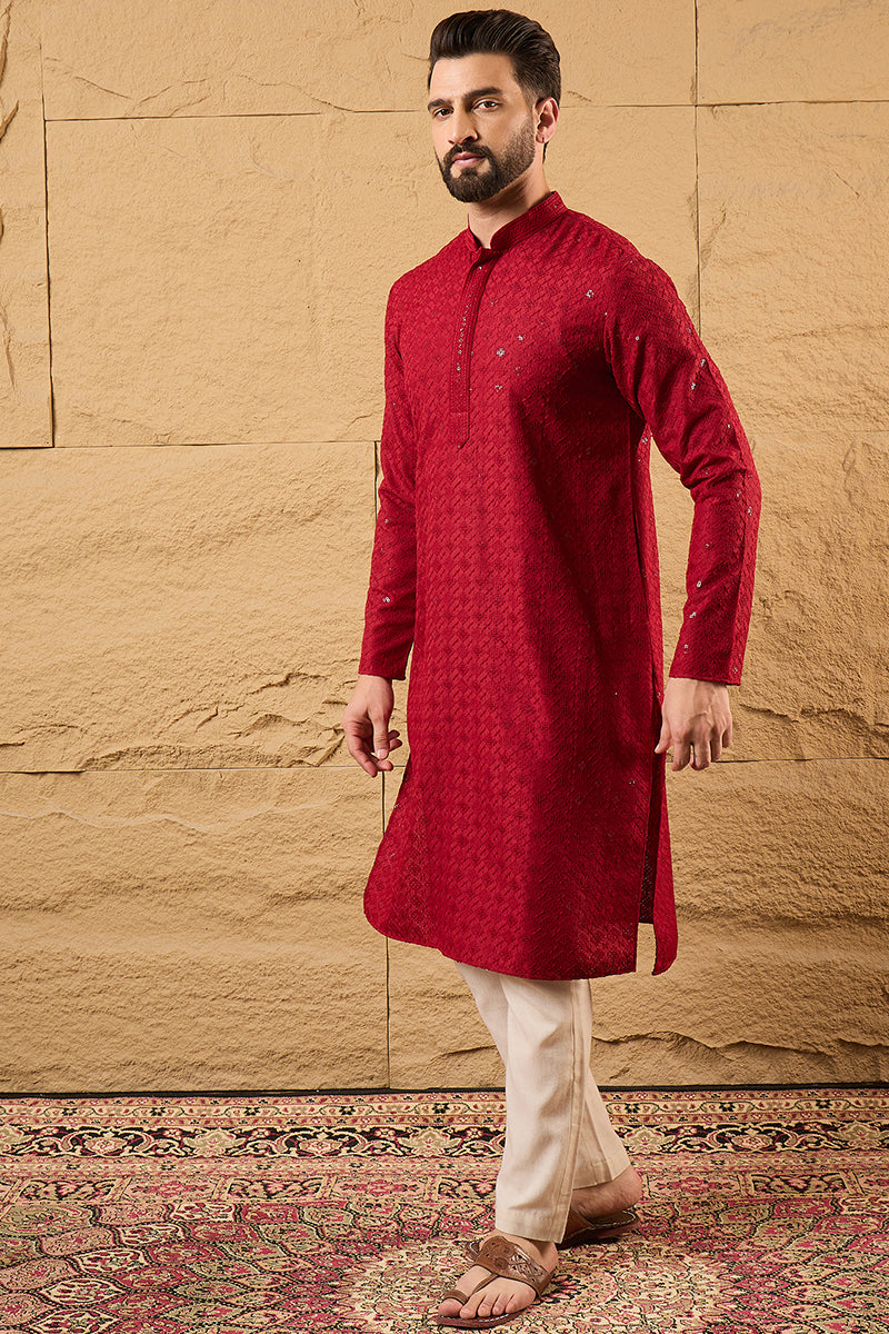 Maroon Rayon Blend Solid Embroidered Straight Kurta HOPMKU1213