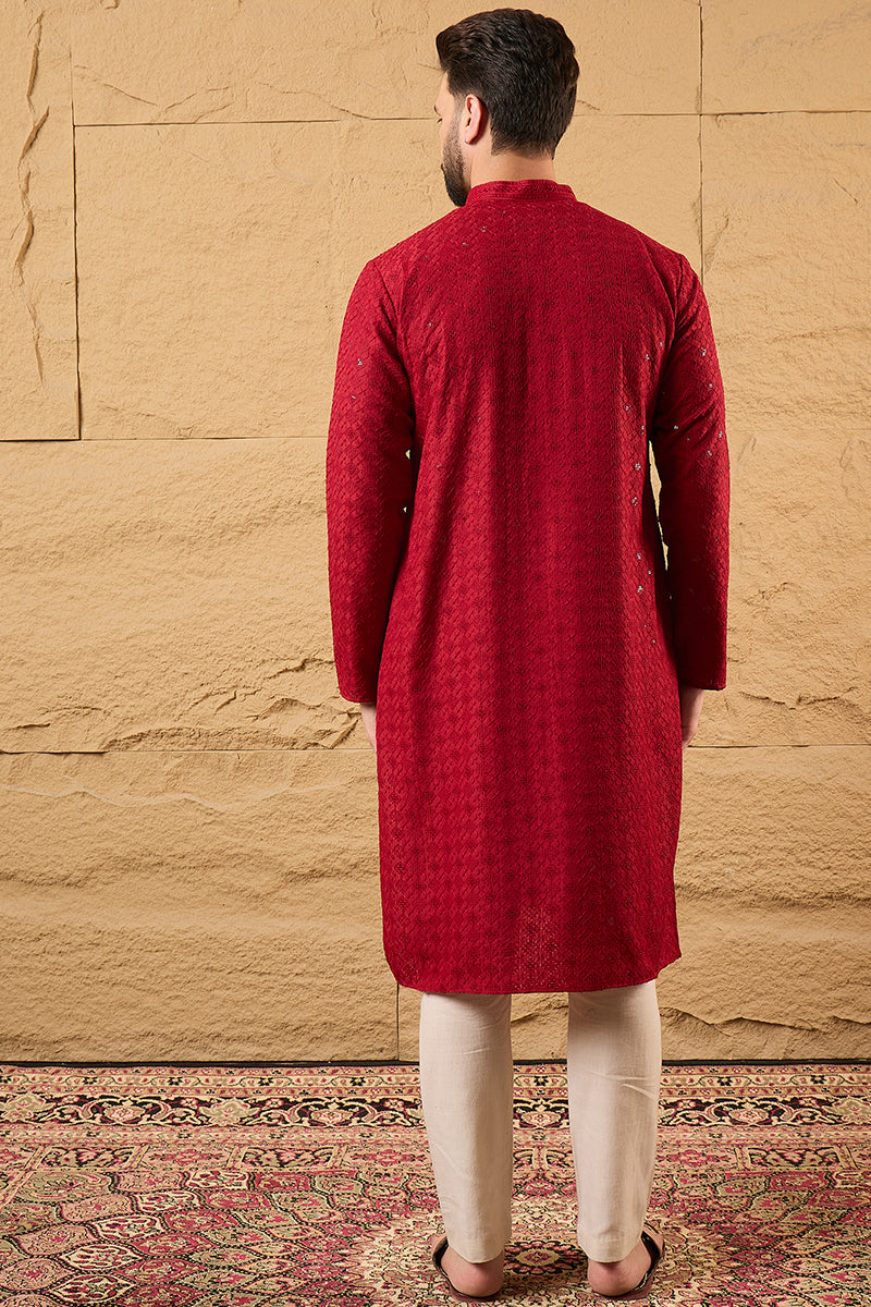 Maroon Rayon Blend Solid Embroidered Straight Kurta HOPMKU1213