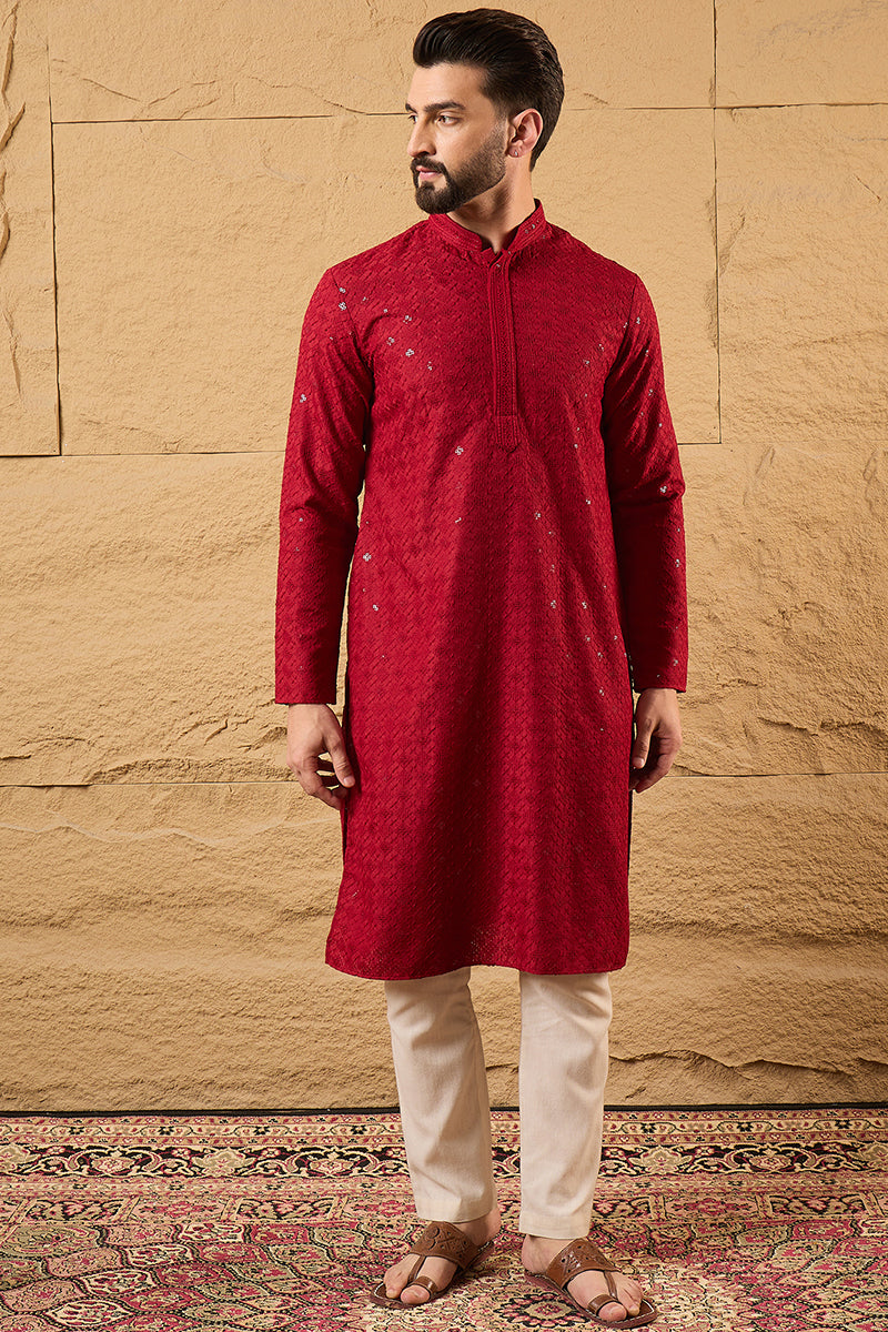 Maroon Rayon Blend Solid Embroidered Straight Kurta HOPMKU1213