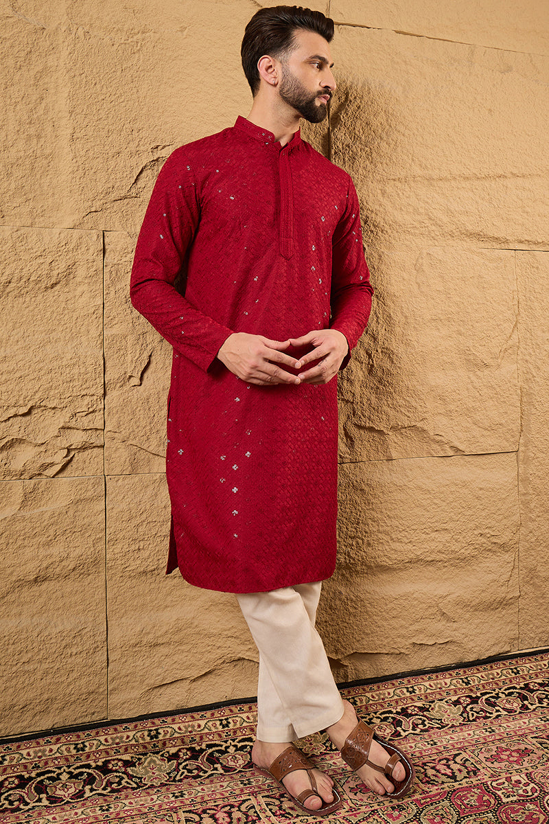 Maroon Rayon Blend Solid Embroidered Straight Kurta HOPMKU1213