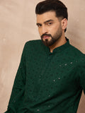 Men Green Viscose Rayon Solid Embroidered Straight Kurta-MKU1215