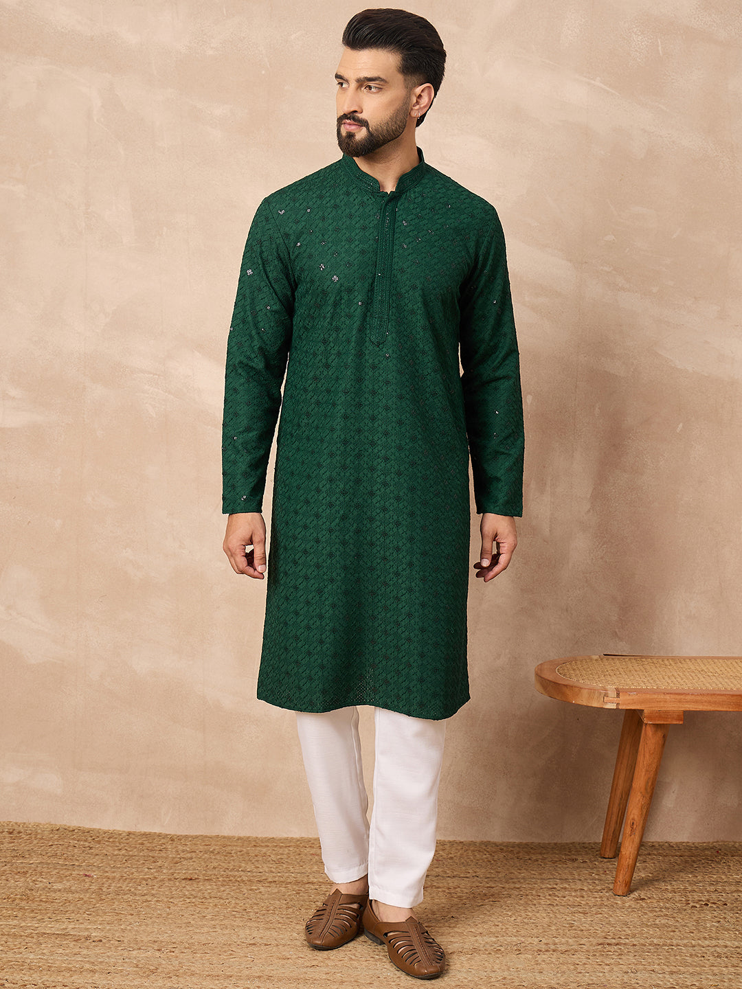 Men Green Viscose Rayon Solid Embroidered Straight Kurta-MKU1215