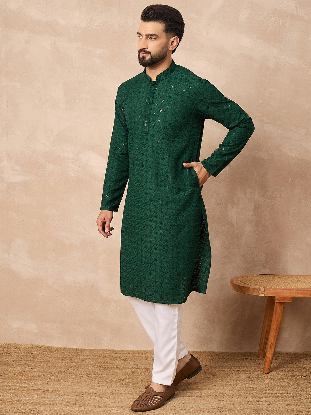 Men Green Viscose Rayon Solid Embroidered Straight Kurta-MKU1215