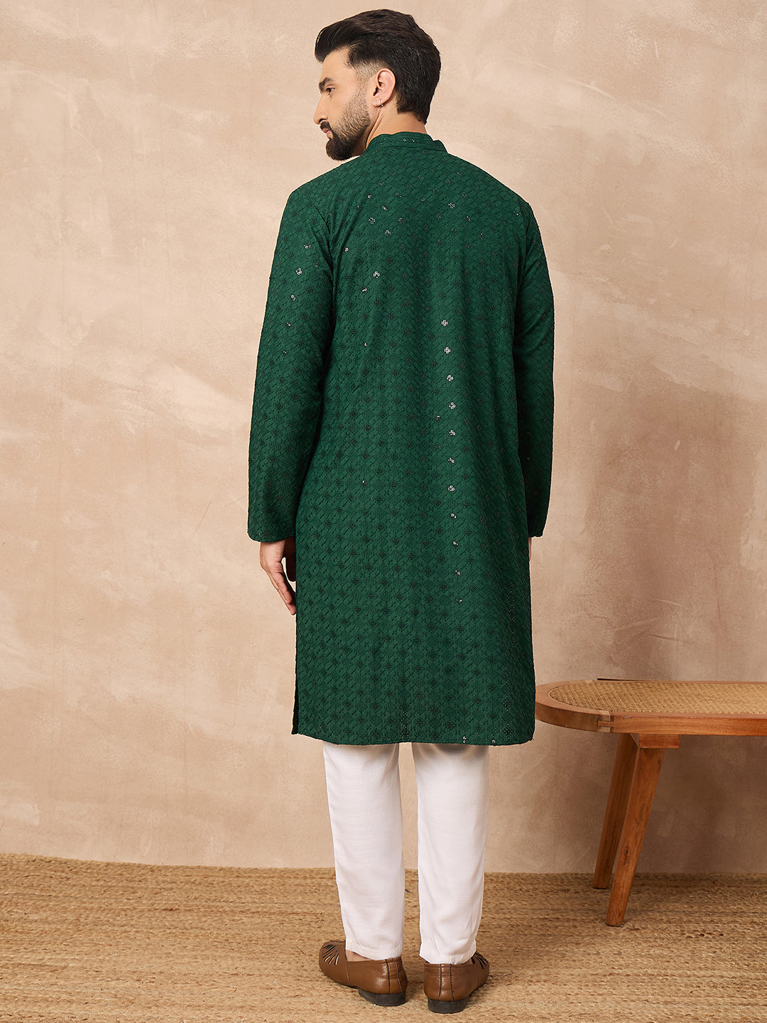 Men Green Viscose Rayon Solid Embroidered Straight Kurta-MKU1215