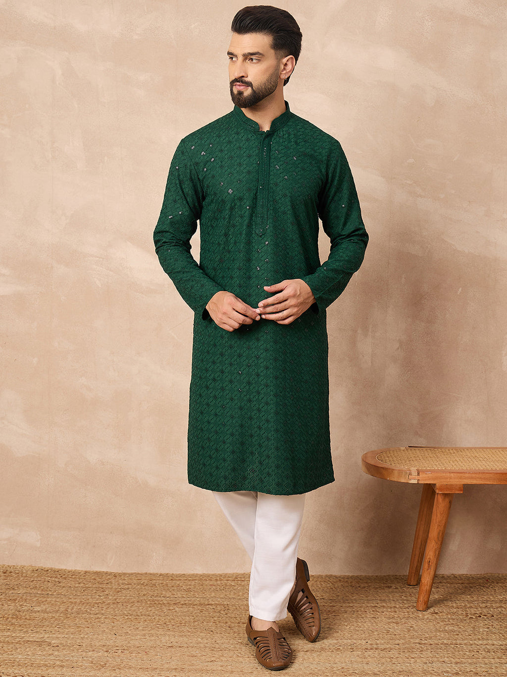 Men Green Viscose Rayon Solid Embroidered Straight Kurta-MKU1215