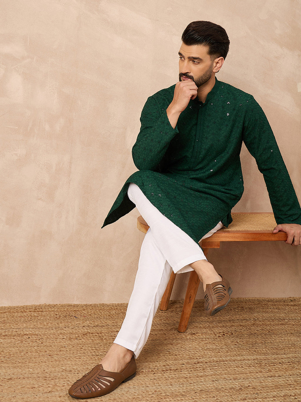 Men Green Viscose Rayon Solid Embroidered Straight Kurta-MKU1215