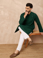 Men Green Viscose Rayon Solid Embroidered Straight Kurta-MKU1215