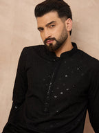 Men Black Viscose Rayon Solid Embroidered Straight Kurta-MKU1216