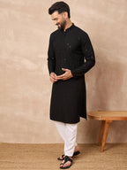 Men Black Viscose Rayon Solid Embroidered Straight Kurta-MKU1216