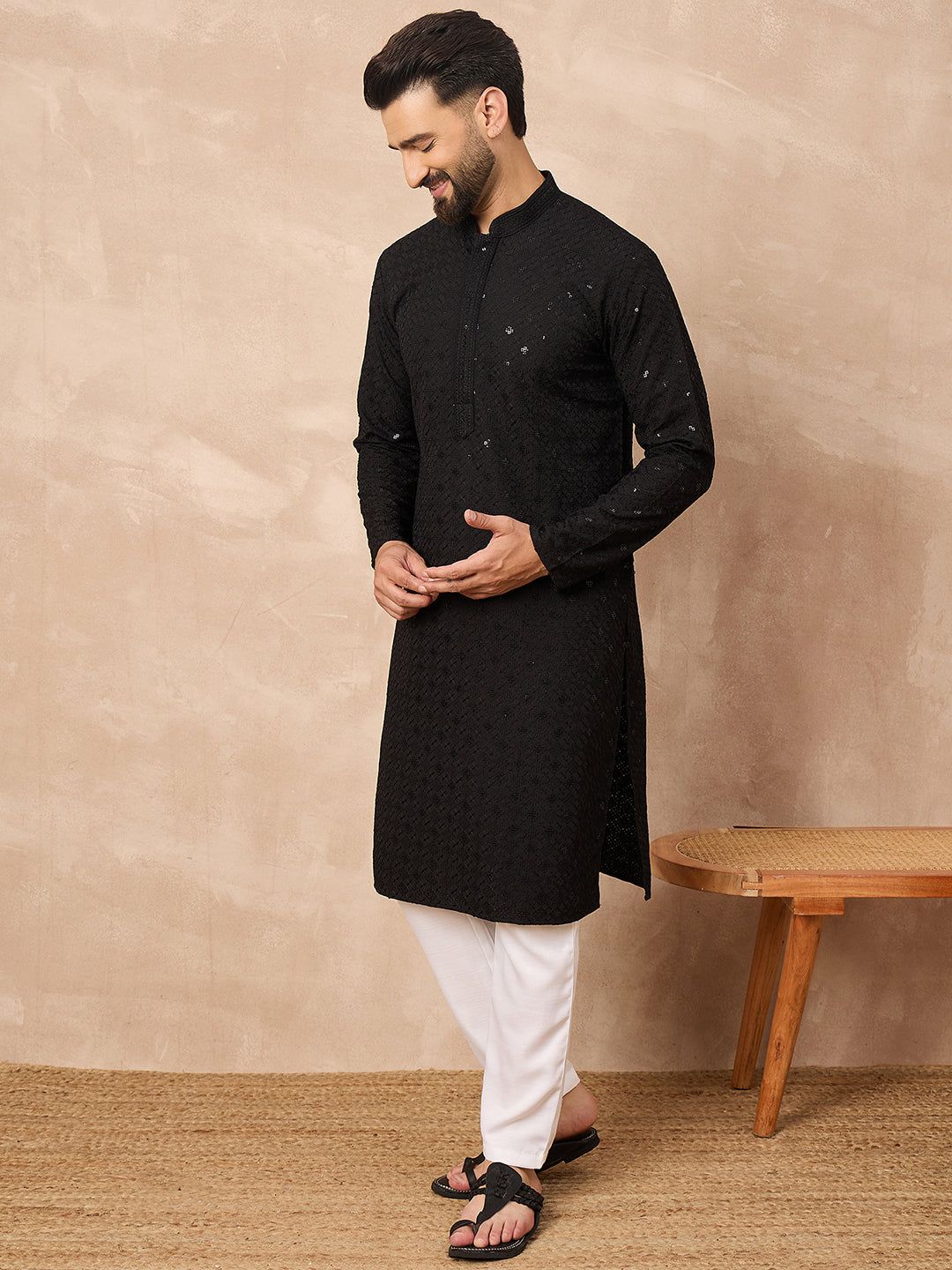 Men Black Viscose Rayon Solid Embroidered Straight Kurta-MKU1216