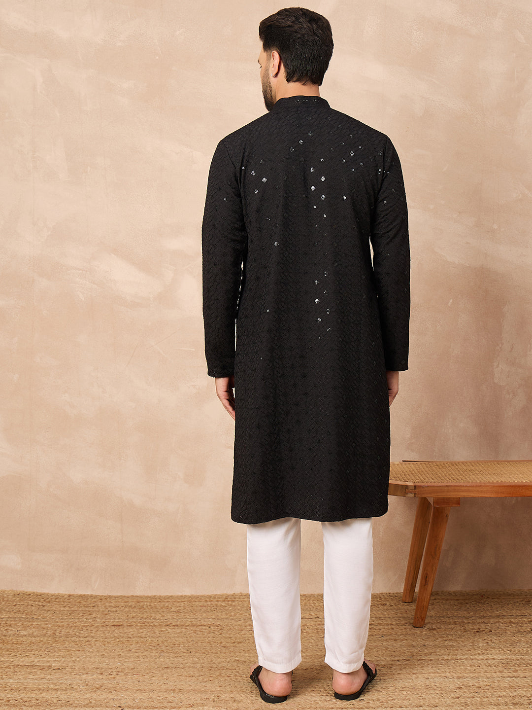 Men Black Viscose Rayon Solid Embroidered Straight Kurta-MKU1216