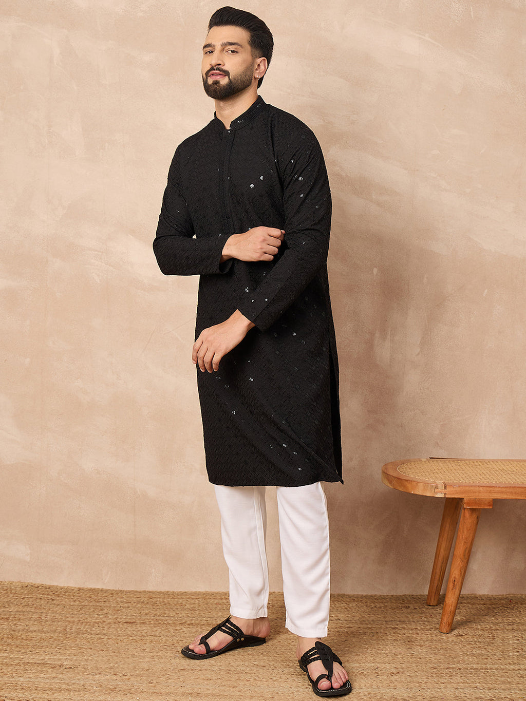 Men Black Viscose Rayon Solid Embroidered Straight Kurta-MKU1216