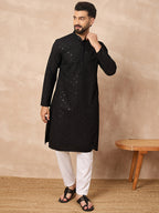 Men Black Viscose Rayon Solid Embroidered Straight Kurta-MKU1216