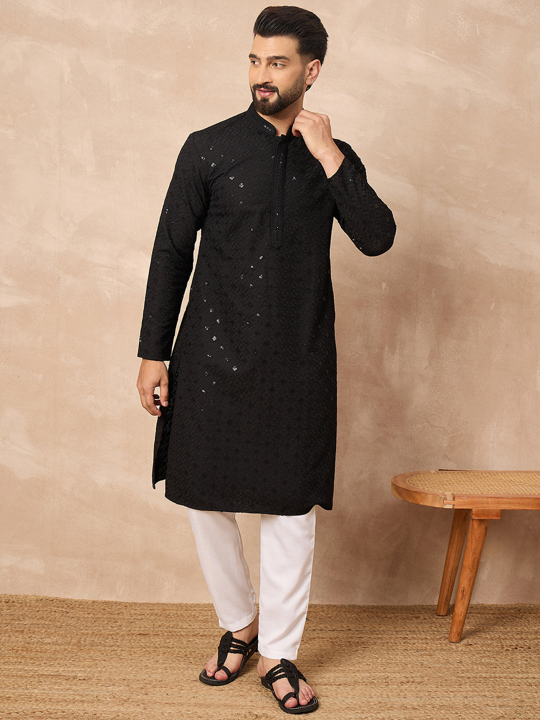 Men Black Viscose Rayon Solid Embroidered Straight Kurta-MKU1216