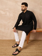 Men Black Viscose Rayon Solid Embroidered Straight Kurta-MKU1216