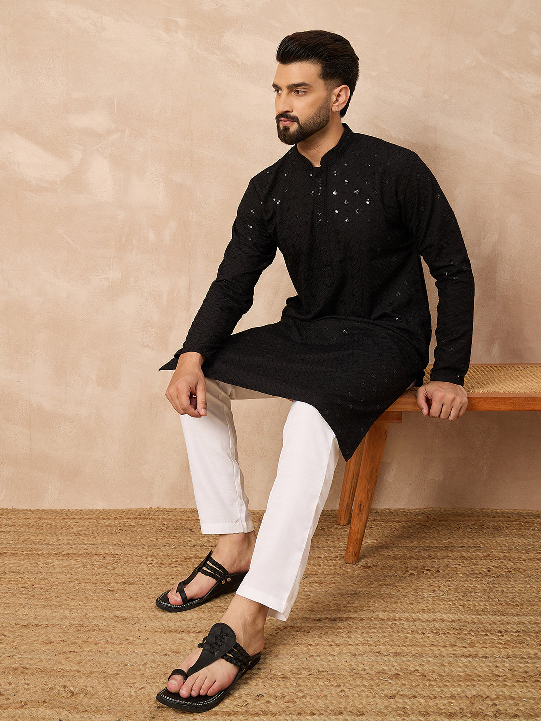 Men Black Viscose Rayon Solid Embroidered Straight Kurta-MKU1216