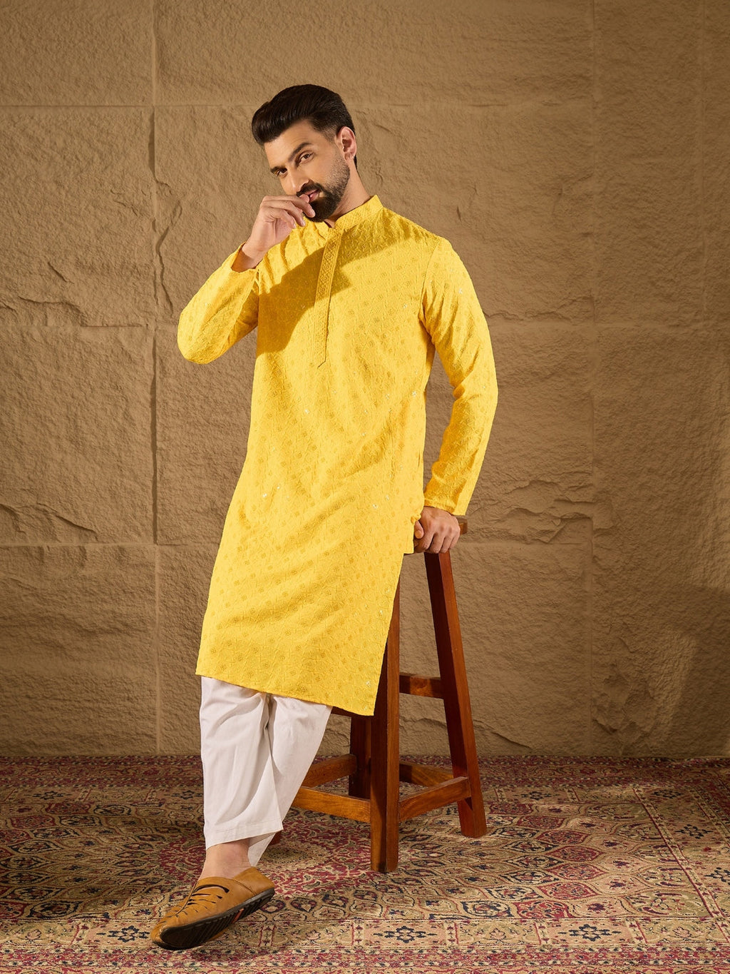 Men Yellow Viscose Rayon Solid Embroidered Straight Kurta-MKU1222