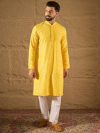 Men Yellow Viscose Rayon Solid Embroidered Straight Kurta-MKU1222