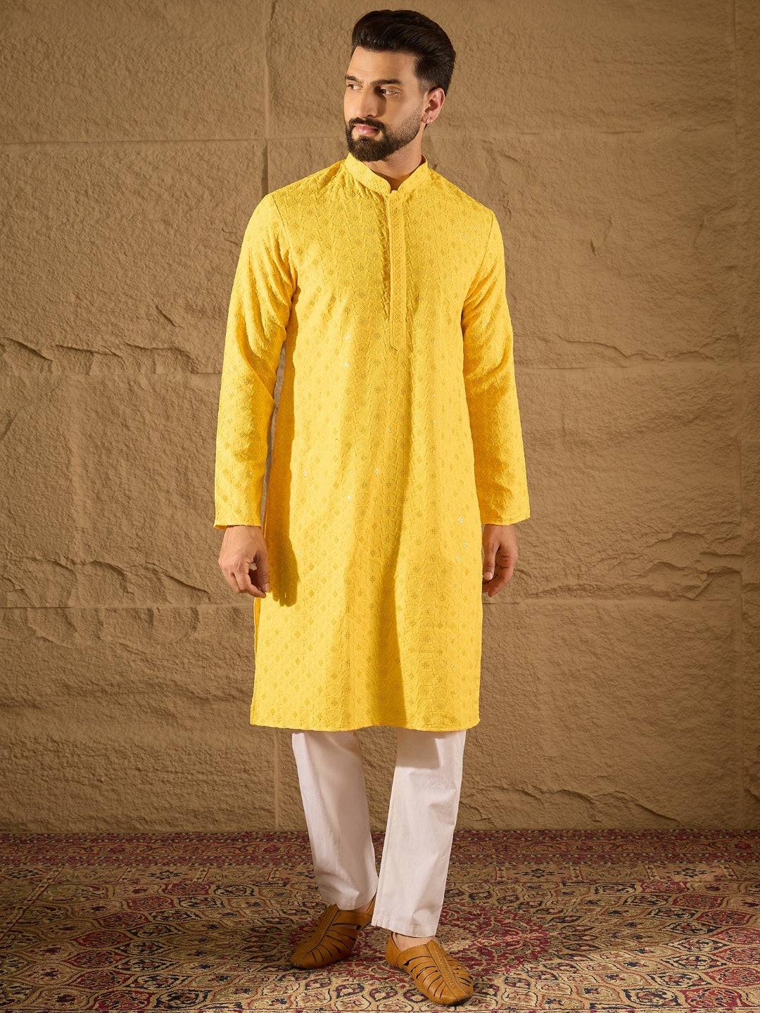 Men Yellow Viscose Rayon Solid Embroidered Straight Kurta-MKU1222