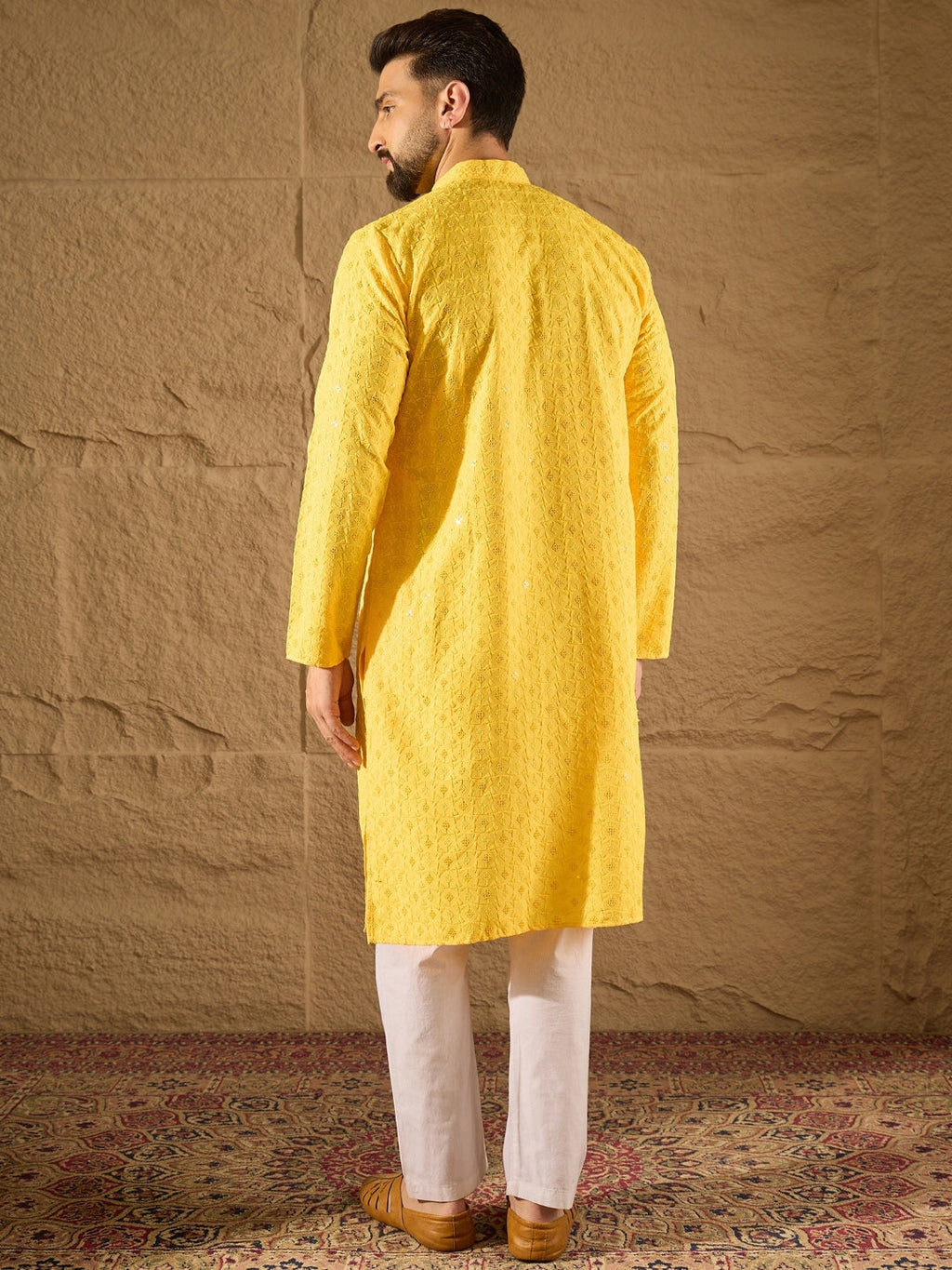 Men Yellow Viscose Rayon Solid Embroidered Straight Kurta-MKU1222