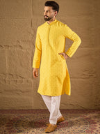 Men Yellow Viscose Rayon Solid Embroidered Straight Kurta-MKU1222