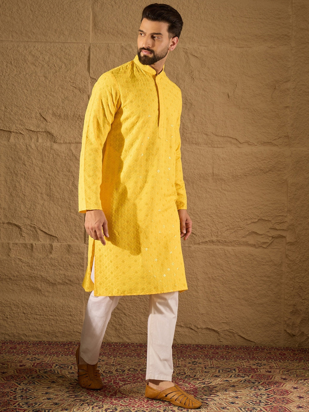 Men Yellow Viscose Rayon Solid Embroidered Straight Kurta-MKU1222