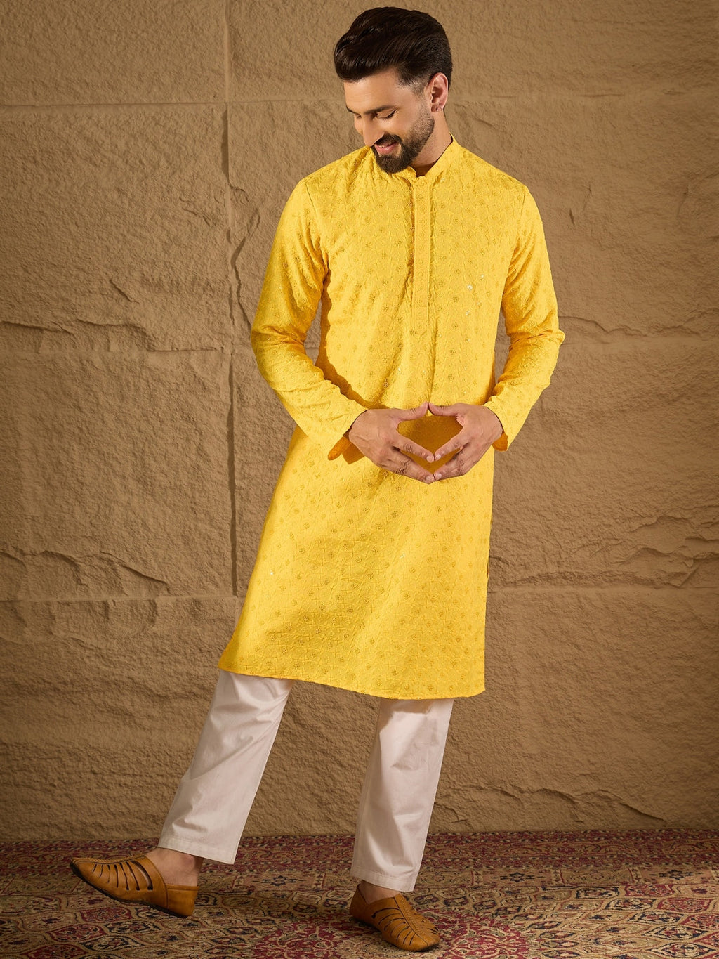 Men Yellow Viscose Rayon Solid Embroidered Straight Kurta-MKU1222