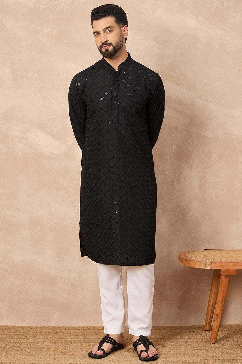 Black Viscose Rayon Solid Embroidered Straight Kurta HOPMKU1224