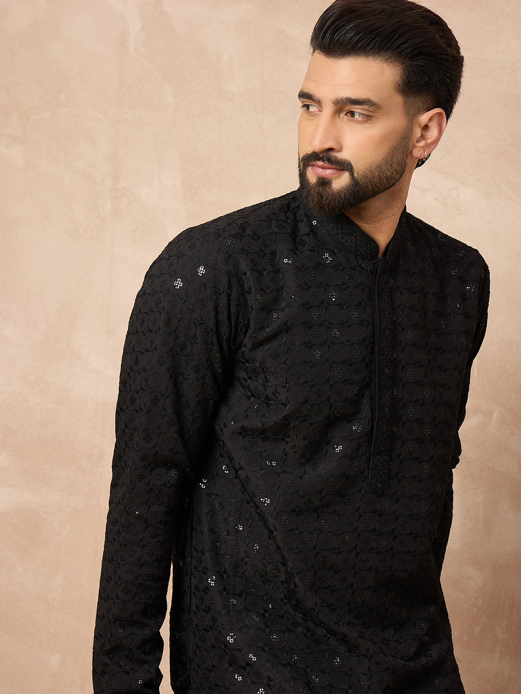 Men Black Viscose Rayon Solid Embroidered Straight Kurta-MKU1224