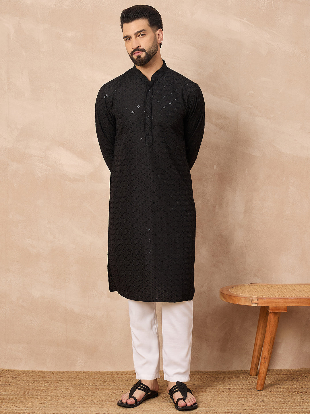 Men Black Viscose Rayon Solid Embroidered Straight Kurta-MKU1224