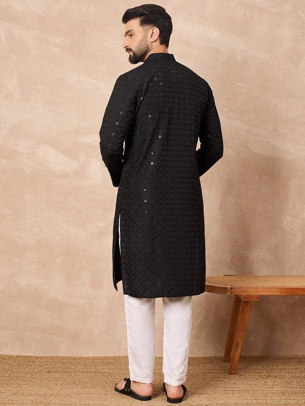 Men Black Viscose Rayon Solid Embroidered Straight Kurta-MKU1224
