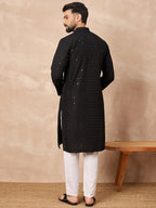 Men Black Viscose Rayon Solid Embroidered Straight Kurta-MKU1224