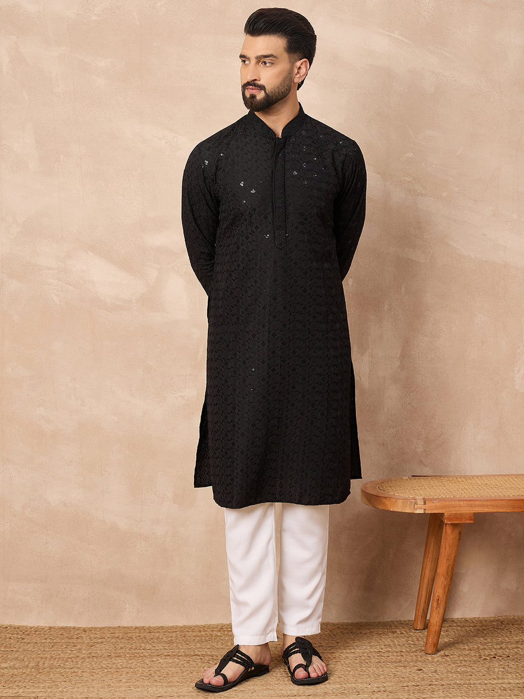 Men Black Viscose Rayon Solid Embroidered Straight Kurta-MKU1224