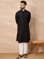 Men Black Viscose Rayon Solid Embroidered Straight Kurta-MKU1224