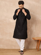 Men Black Viscose Rayon Solid Embroidered Straight Kurta-MKU1224