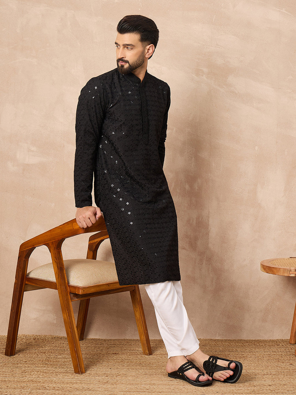Men Black Viscose Rayon Solid Embroidered Straight Kurta-MKU1224