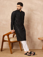 Men Black Viscose Rayon Solid Embroidered Straight Kurta-MKU1224