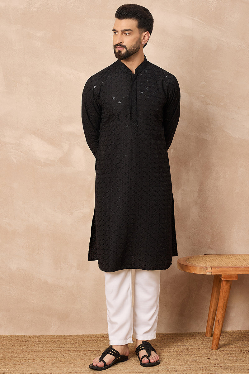 Black Viscose Rayon Solid Embroidered Straight Kurta HOPMKU1224